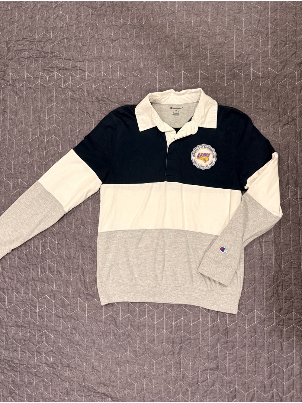 Champion Black, White & Gray Colorblock Rugby Pullover with Crest Patch